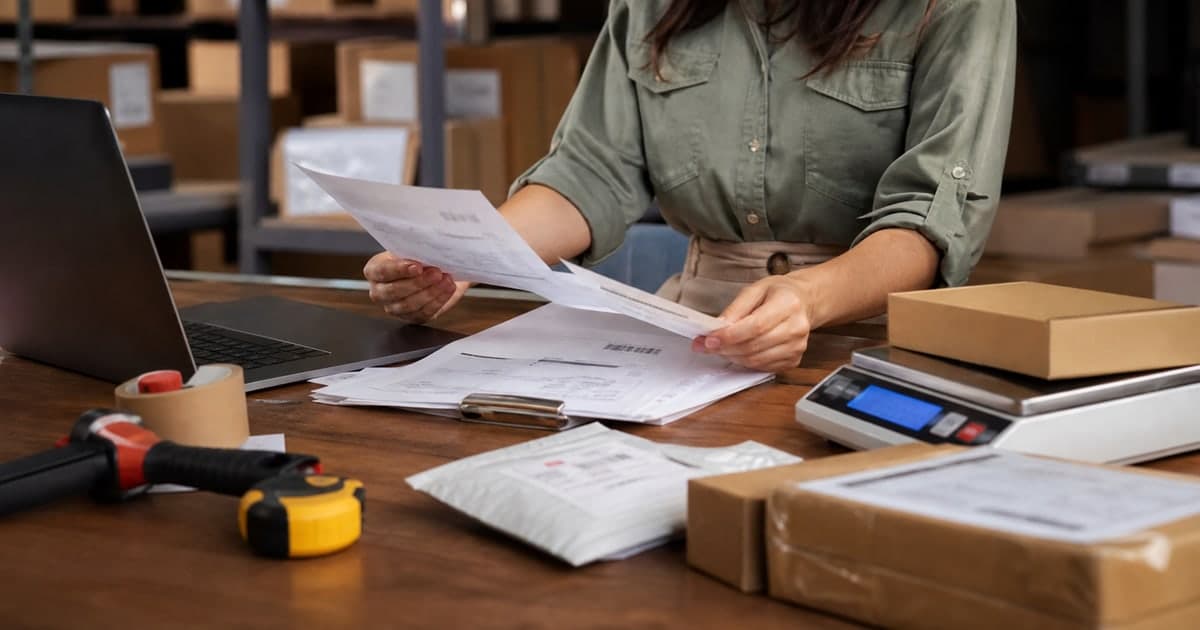Persona revisando facturas y paquetes en una mesa de bodega antes de enviar compras a Colombia