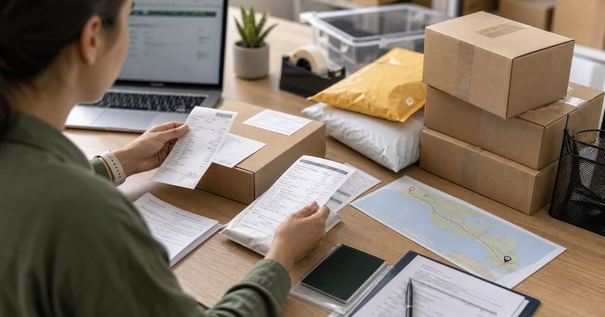 Persona revisando facturas y paquetes antes de enviar compras desde Miami a Colombia