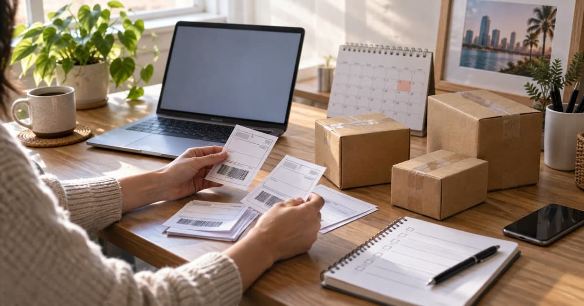 Persona revisa varias guías de paquetes junto a una fecha de entrega, antes de enviar compras a una dirección en Miami