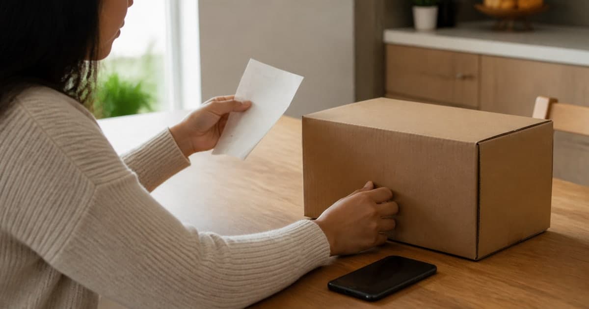 Persona revisando una caja sin marca y un recibo en una mesa junto a una ventana