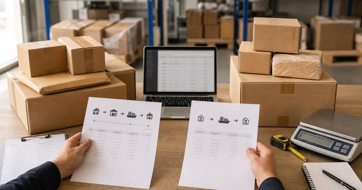Mesa de bodega con paquetes y documentos comparando dos rutas de envío internacional