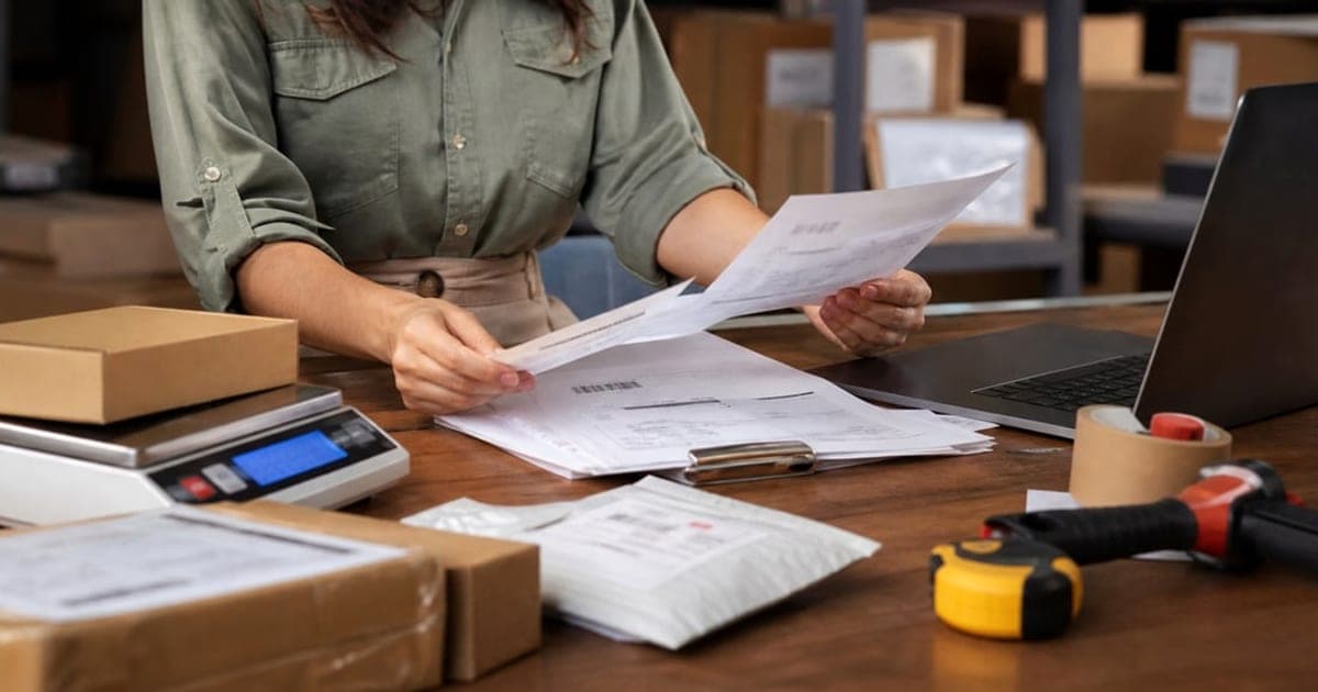 Persona creando su cuenta en un portátil rodeada de paquetes y documentos de envío