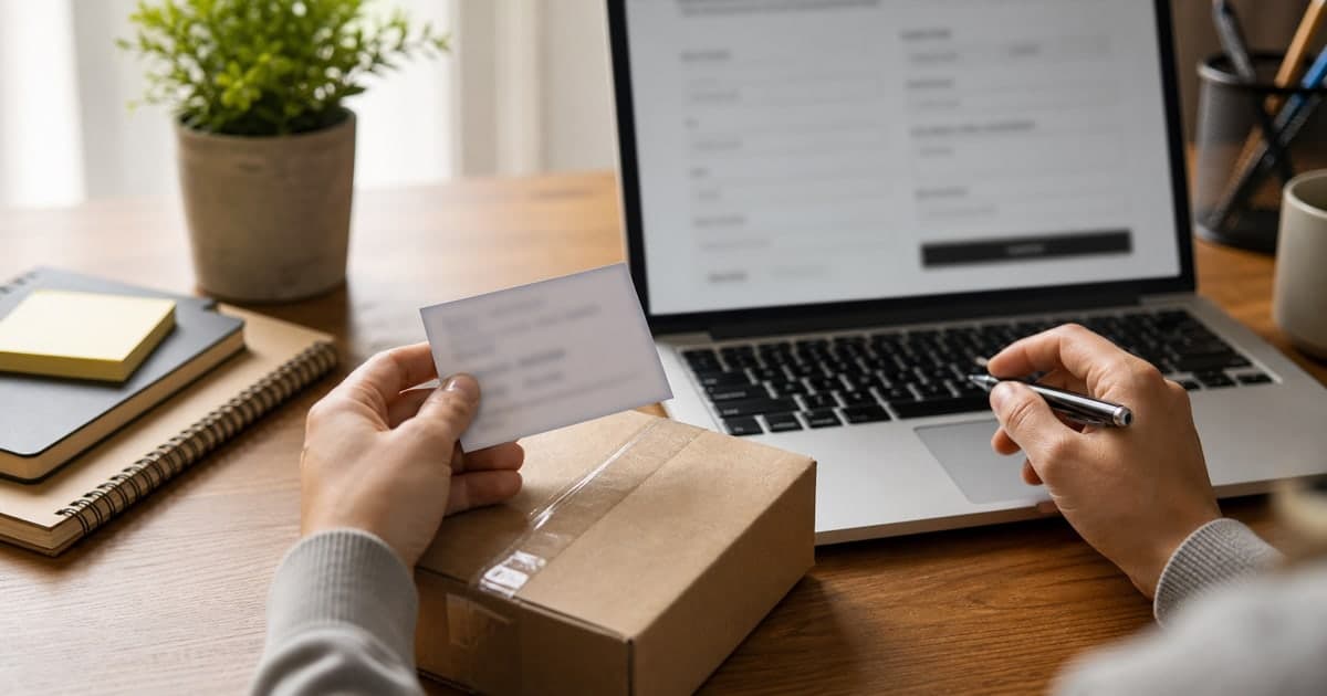 Persona copiando una dirección de casillero en un formulario de compra online