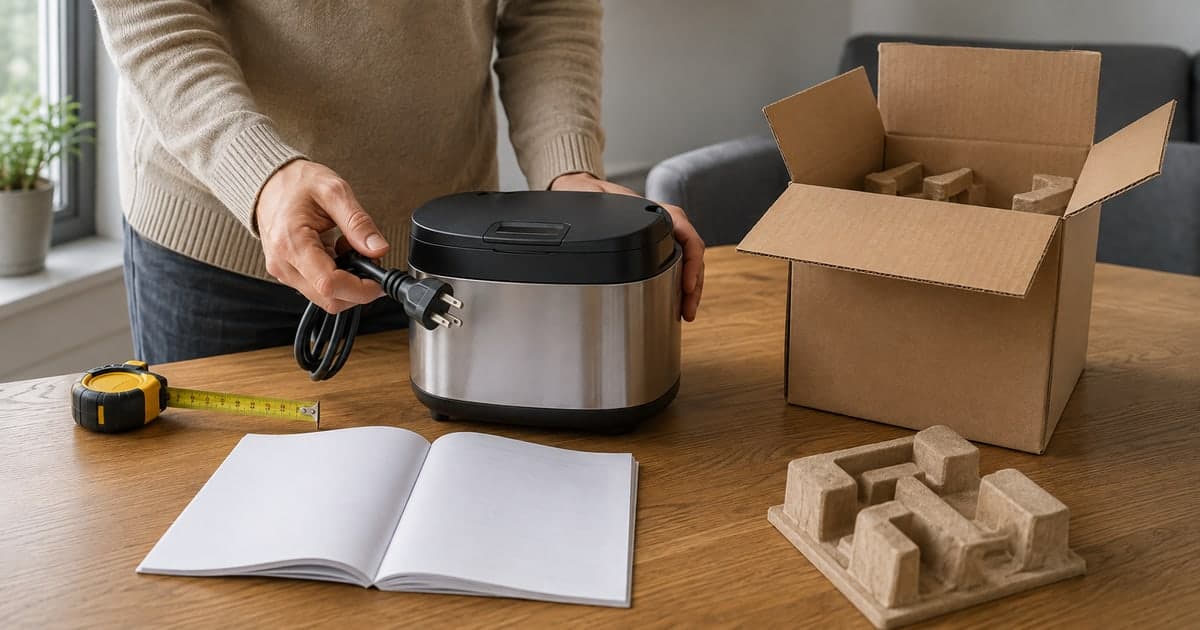 Persona revisando un electrodoméstico pequeño, manual, cable y caja de envío sobre una mesa