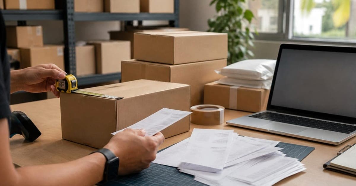Persona revisando recibos y la descripción de una compra usada antes de enviarla