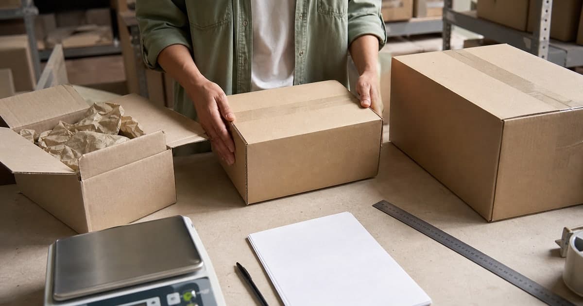 Persona organizando tres cajas sin marcas sobre una mesa de bodega junto a una báscula y una regla
