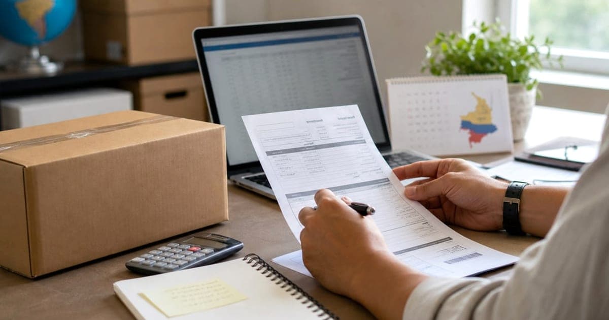 Manos revisando una factura y una calculadora junto a un paquete listo para envío