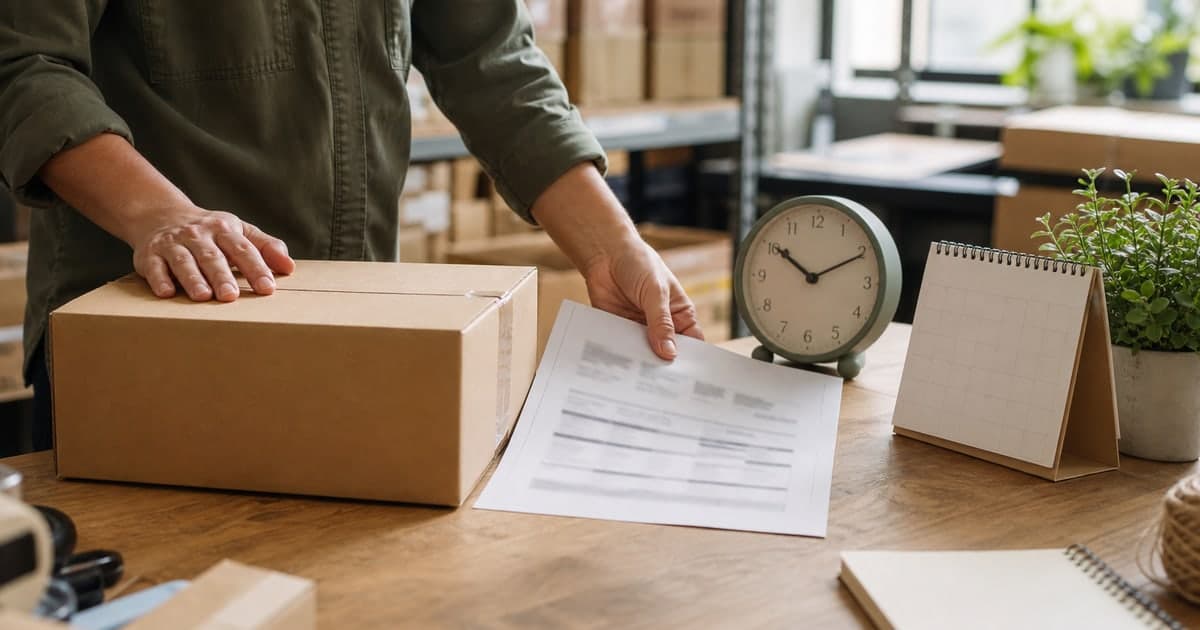 Persona organizando una caja, un reloj y documentos sin texto legible en una bodega