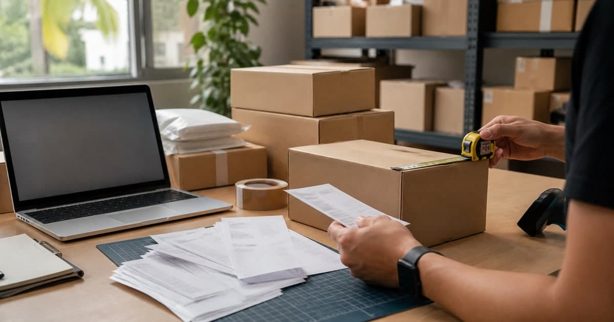 Persona midiendo una caja y revisando documentos de envío en una mesa de bodega