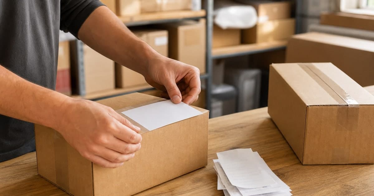Manos sellando una caja de cartón sin marca junto a otra caja y recibos sin texto legible
