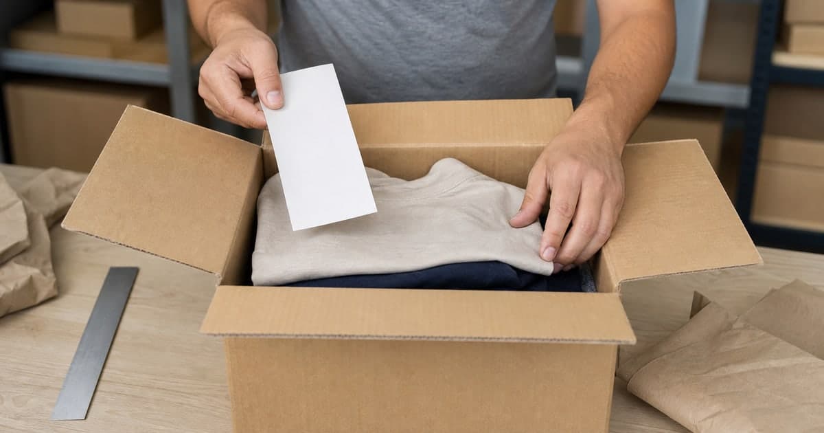 Manos organizando ropa y un comprobante sin texto dentro de una caja de envío