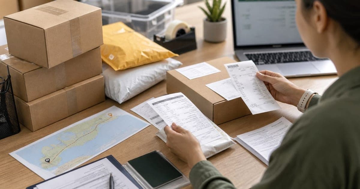 Persona preparando cajas y revisando documentos para un envío hacia Colombia