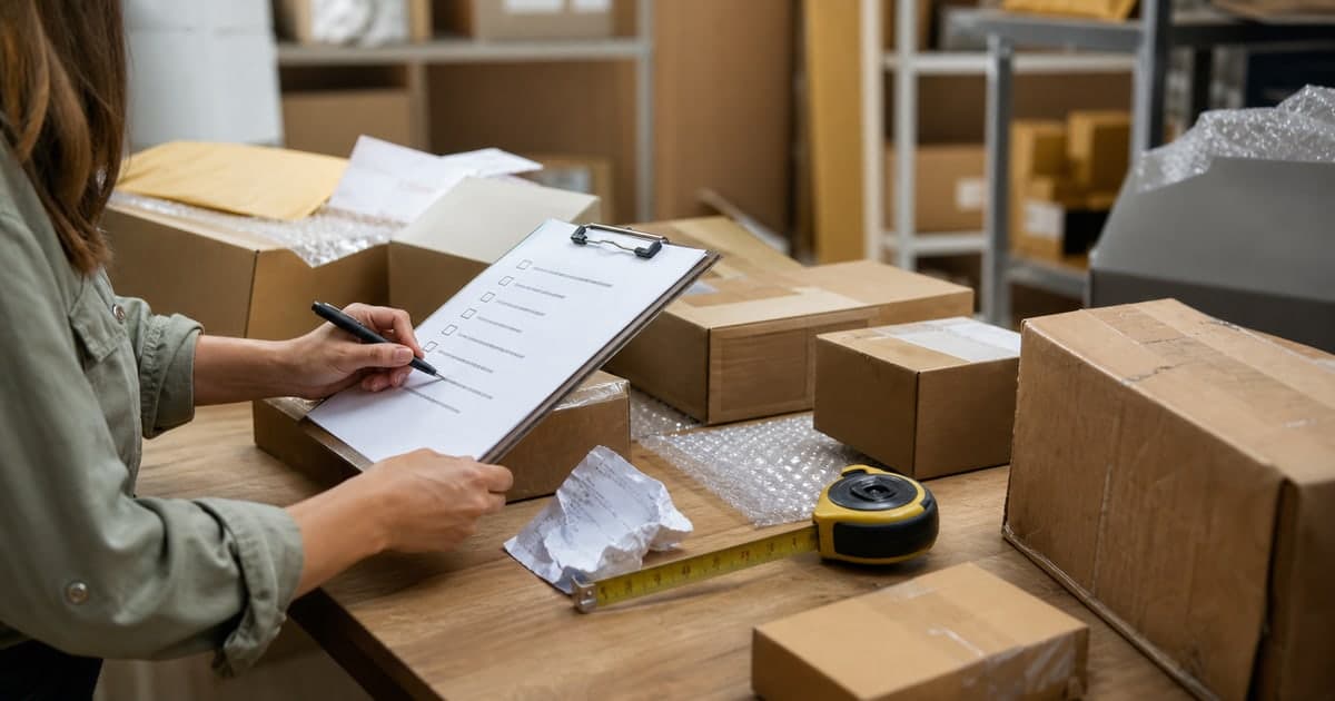 Persona revisando una lista de chequeo con paquetes para evitar errores de envío