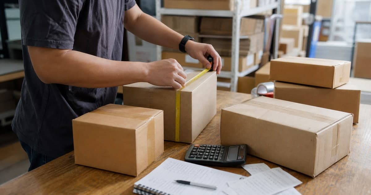 Persona midiendo varias cajas con cinta métrica y calculadora para estimar peso y volumen