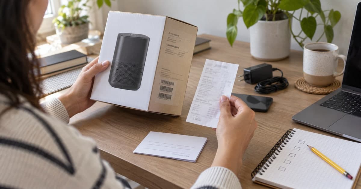 Persona compara una caja de producto sin marca, un recibo y una lista de comprobación sobre una mesa