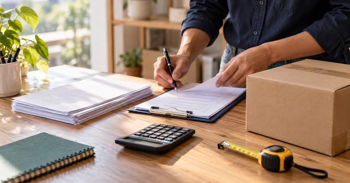 Una persona revisa documentos de importación junto a una caja, una calculadora y una cinta métrica