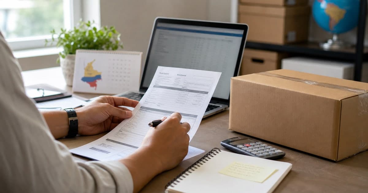 Persona revisando una factura junto a un paquete antes de declarar una compra online