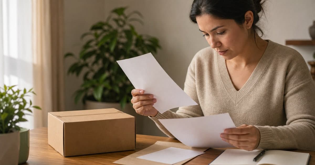 Compradora revisando comprobantes junto a una caja sin marcas antes de declarar una compra online