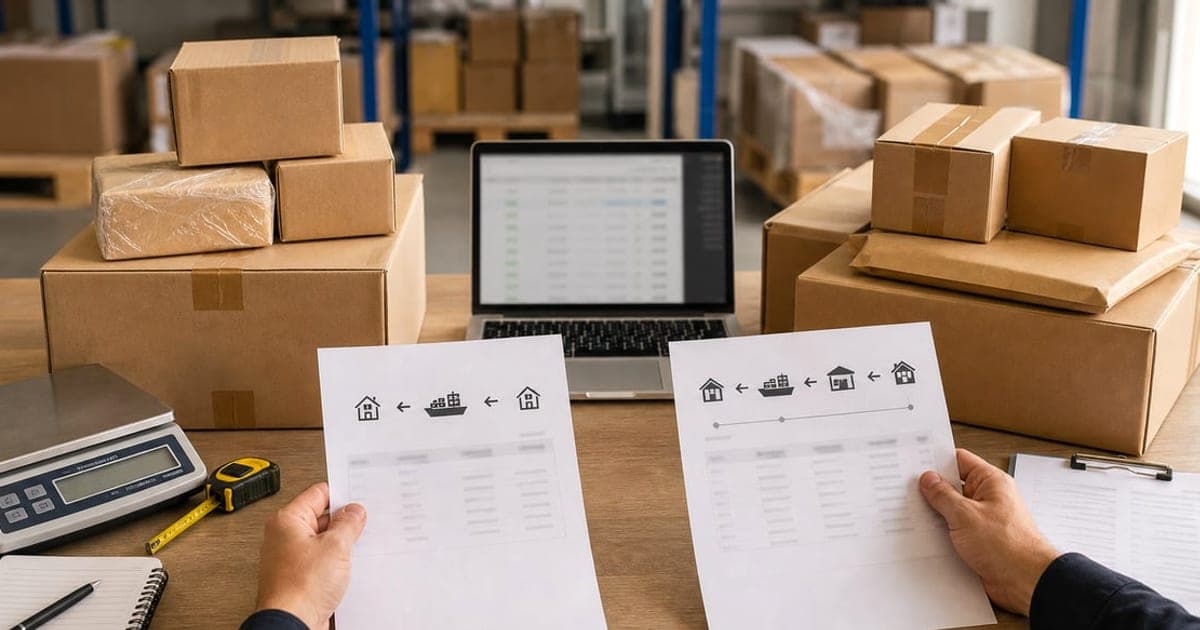 Mesa de trabajo con paquetes y documentos donde se comparan opciones de envío