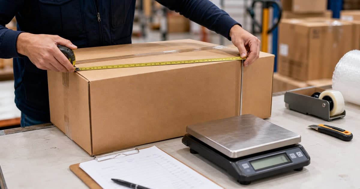Caja grande siendo medida en una mesa de bodega para calcular peso volumétrico