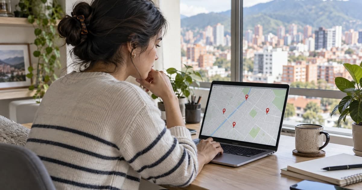 Una persona revisa un mapa de tiendas en su computador desde una vivienda en Bogotá